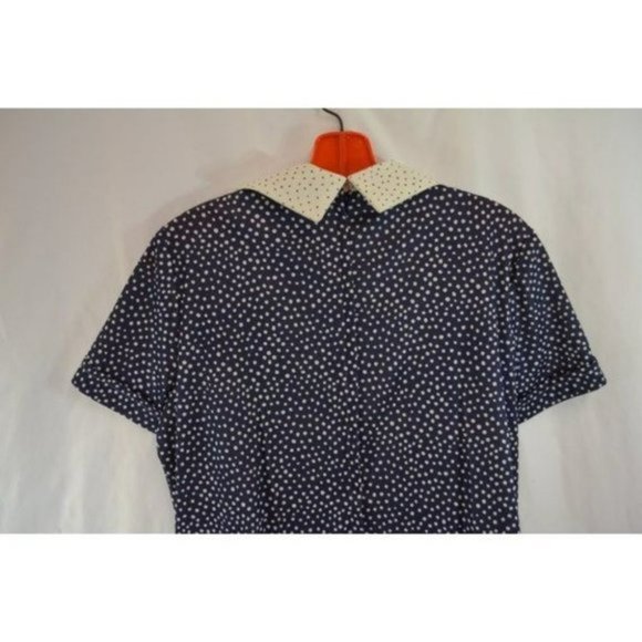 Vintage Blue White Polka Dot Shift Dress with Collar and Short Sleeves - Picture 5 of 9